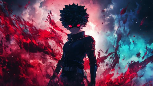 Central figure stands in chromatic energy field with red glow