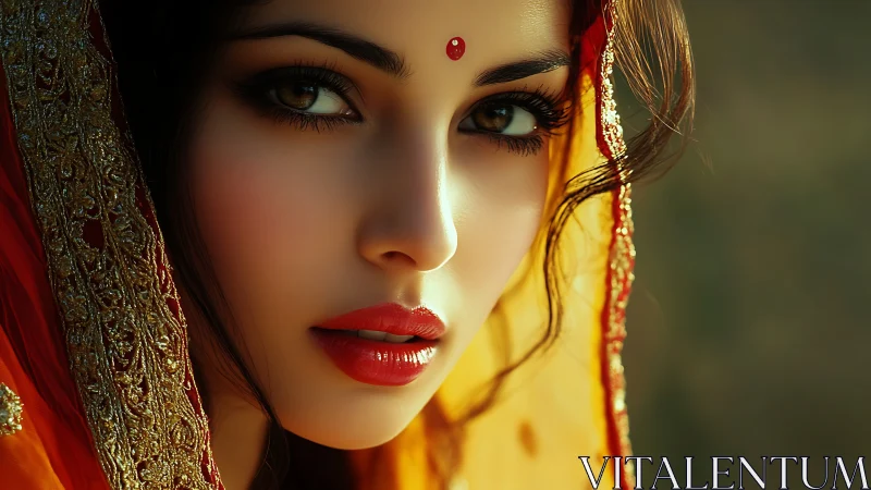 Ember-eyed bride wrapped in golden-threaded silence.