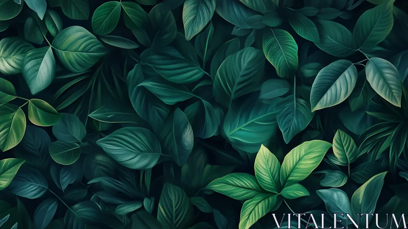 Digitally rendered tropical foliage canopy with layered leaf geometry