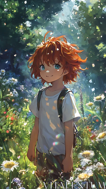 Backlit red-haired child in high-saturation forest glade scene.