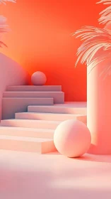 Geometric pastel staircase with floating spheres and palms.