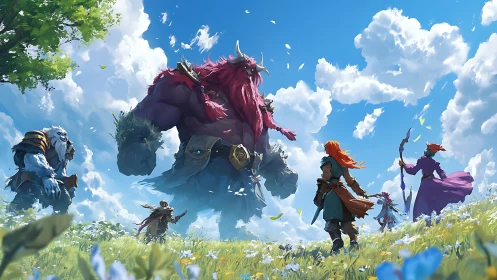 Heroic fantasy party confronts colossal horned beast in meadow.