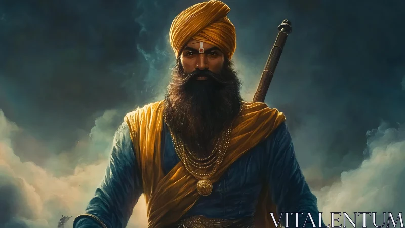 Bearded warrior in turban with sword amid cloudy backdrop.