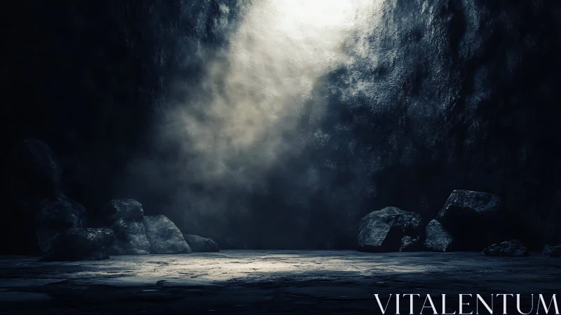Light shaft pierces dark cavern floor with scattered rocks
