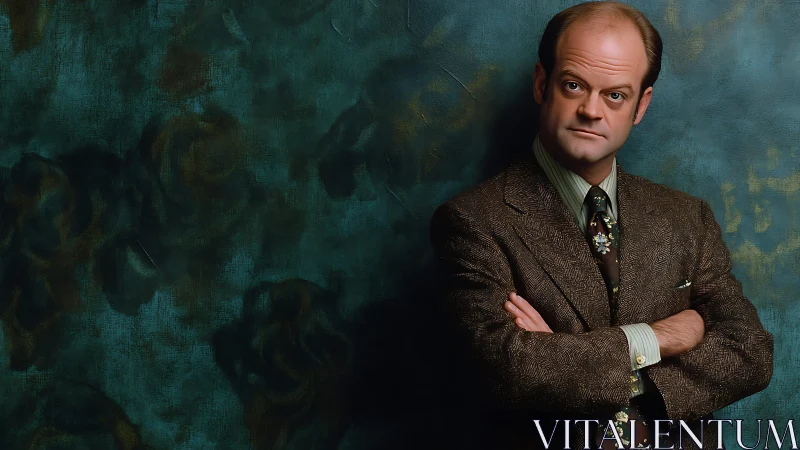 Vintage portrait of suited man against textured teal floral wall