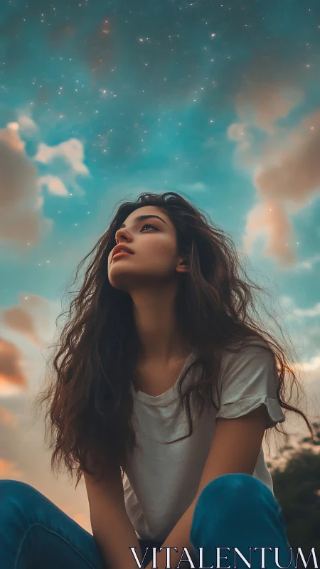 Digital painting portrait under ethereal twilight skyscape.