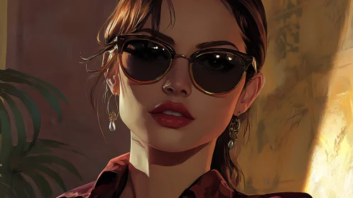 Woman in sunglasses in warm interior light portrait.