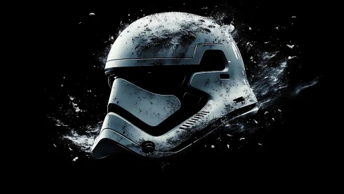 Sci-fi combat helmet dissolves into splintered particles.