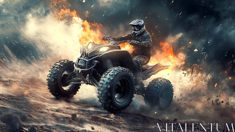 Roaring quad bike rider powers through dust, fire, and speed