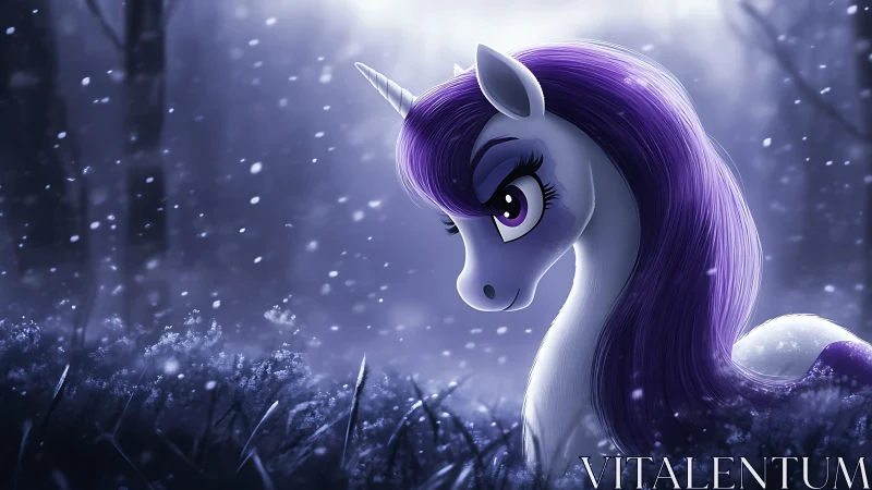 Purple-maned unicorn in snowy forest at nightfall.