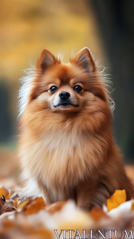 Shallow‑depth portrait of fluffy Pomeranian in autumn foliage
