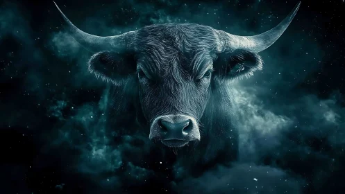 Cosmic bull emerges calmly from swirling midnight stardust