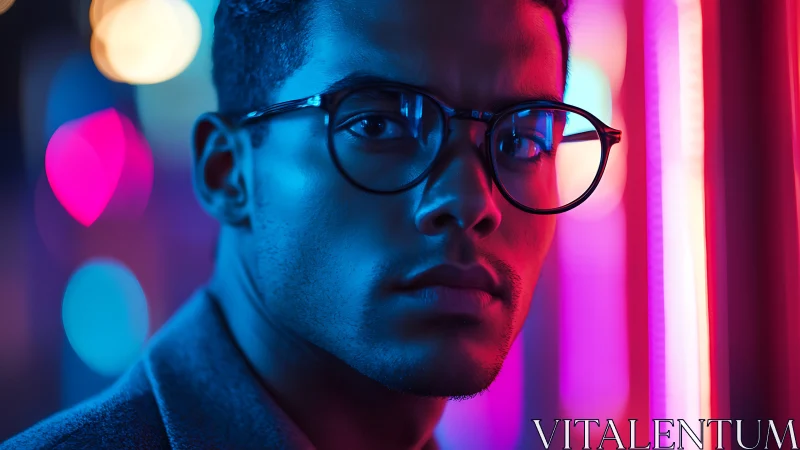 Portrait shows man in glasses lit by blue and pink neon