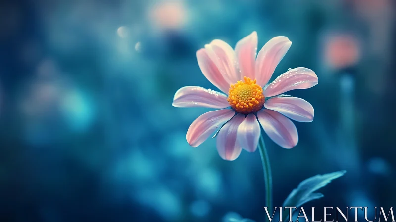 Pink Daisy with Dewdrops Against Soft Blue Bokeh.