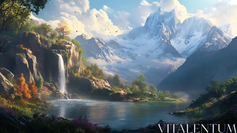 Digital alpine lake landscape with waterfall and peaks.