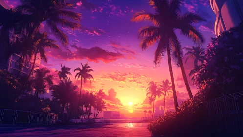 Neon dusk palms guard a glowing synthwave seaside horizon.
