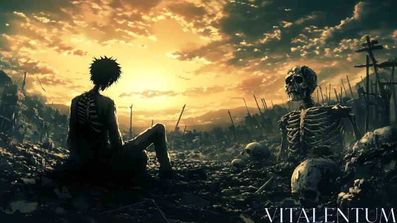 Backlit skeletal survivor in post-apocalyptic wasteland sunset