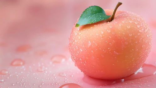 Photoreal peach with water droplets on soft pink surface.