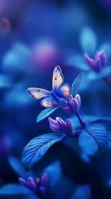 Butterfly resting on blue foliage in soft evening light.