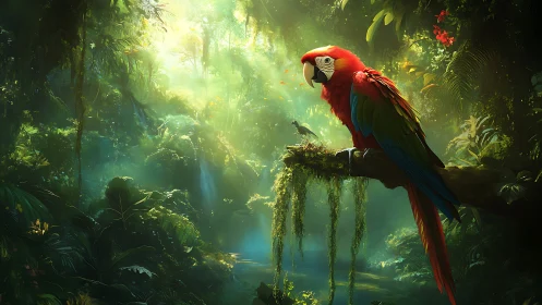 Scarlet macaw perched on mossy branch in dense rainforest
