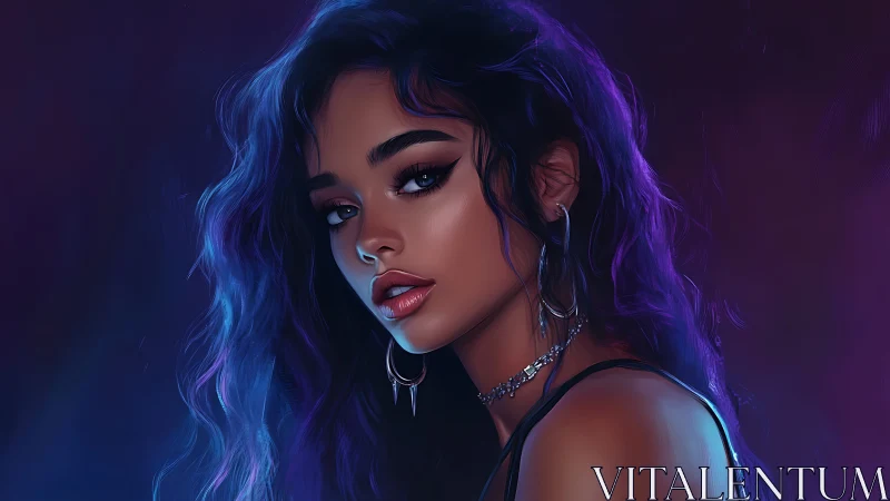 Digital portrait shows young woman with neon purple hair lighting