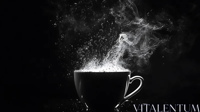 High-contrast coffee cup with explosive steam and droplets.