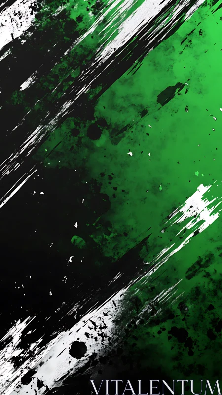 Diagonal green, black and white paint streaks intersect boldly