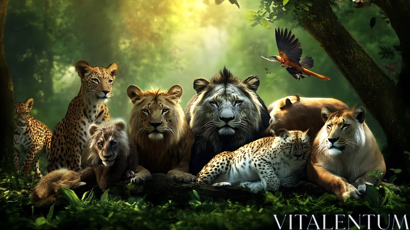 Big Cats Assembled in Verdant Forest with Golden Sunlight