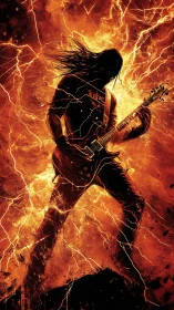 Silhouetted guitarist stands in fiery lightning storm of sparks
