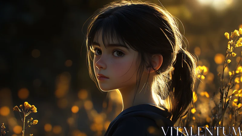 Digital portrait depicts young girl in backlit outdoor field