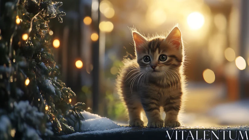 Adorable Tabby Kitten Glowing in Festive Evening Light.