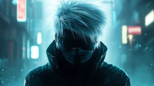 Masked wanderer carves neon silence through frozen city haze