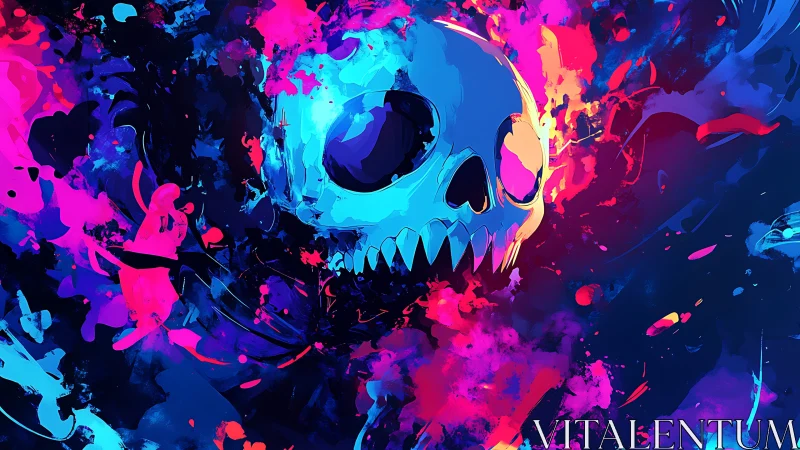Neon skull erupts from abstract chaos in electric color storm