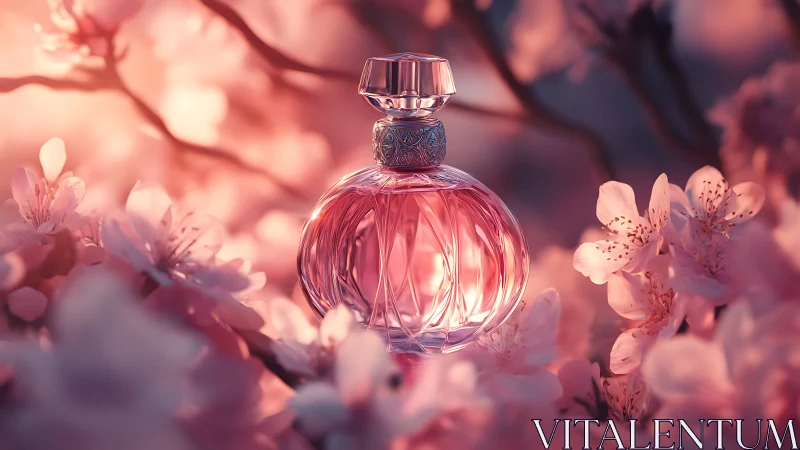 Pink Perfume Bottle Surrounded by Soft Blooming Flowers.