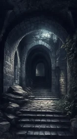 Stone vaulted passageway receding through tiered arches in gloom