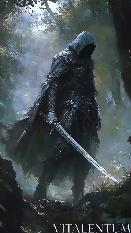 Hooded spectral swordsman in mist-saturated forest geometry.