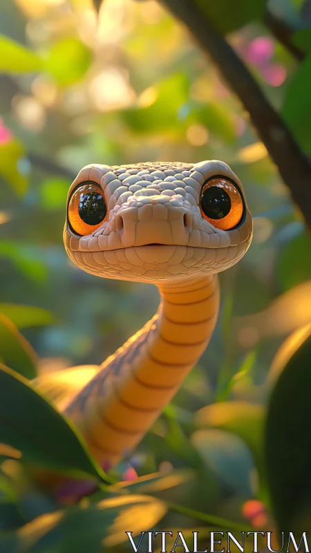Cartoon snake with large orange eyes in soft jungle light.