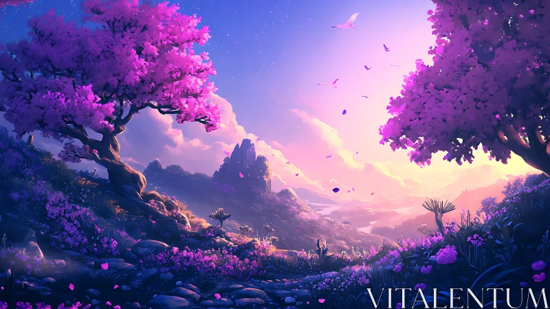 Lavender twilight valley unfolds beneath glowing pastel sky