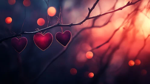 Heart-shaped ornaments suspended from tree branch with bokeh lighting