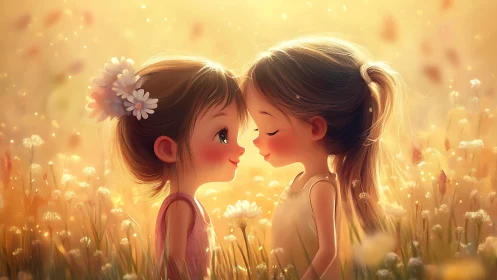 Two Girls in Golden Flower Field Sharing Intimate Moment.