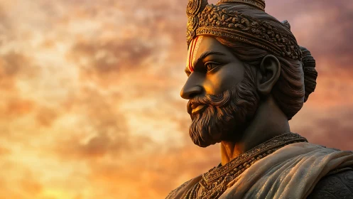 Sunset crowns the vigilant warrior king in molten gold light