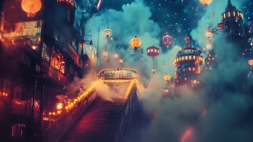 Lantern lit sky stairs leading into a dreamy floating city.