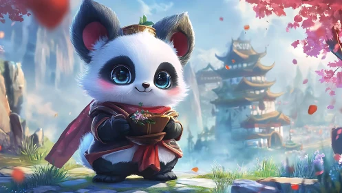 Chibi panda character holds potted plant in fantasy landscape