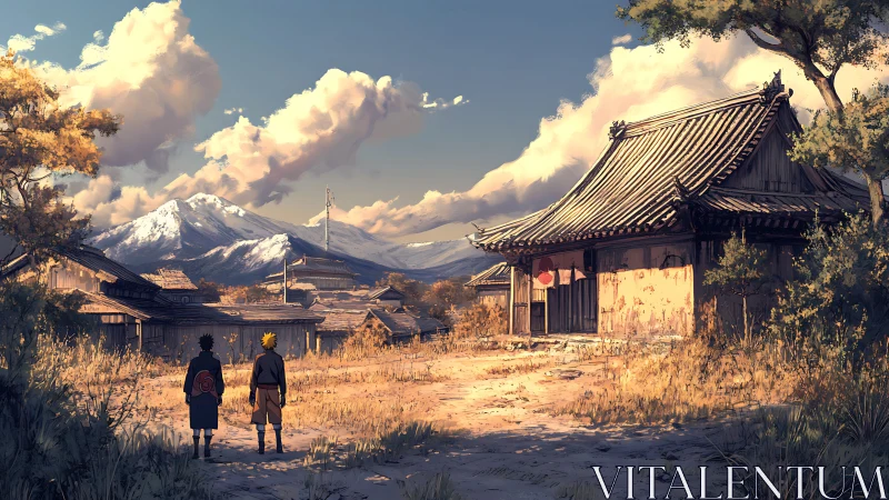 Anime village path with temple and snowcapped mountain backdrop