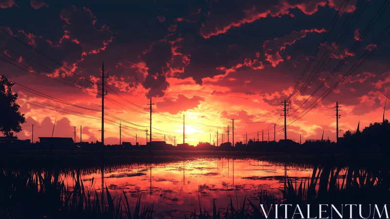 Sunset over flooded fields with silhouetted power lines.
