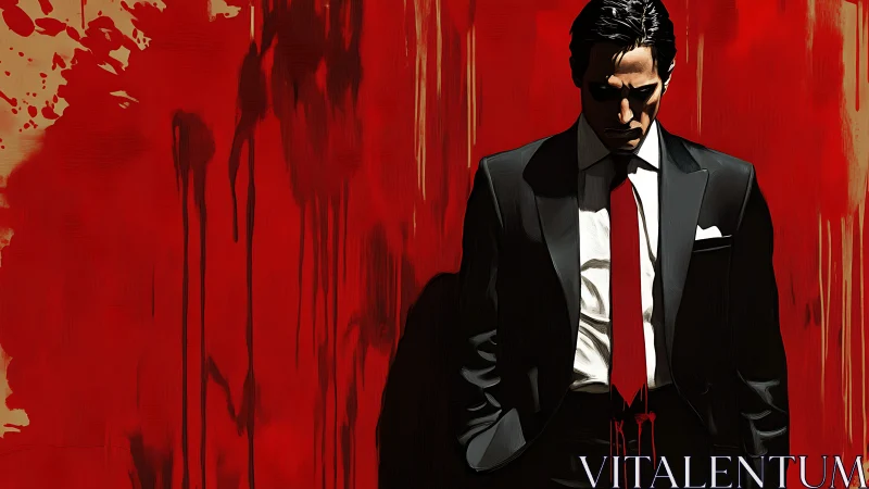 Man in dark suit stands against dripping red painted wall