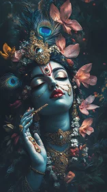 Divine blue goddess in jeweled floral aura, eyes closed.