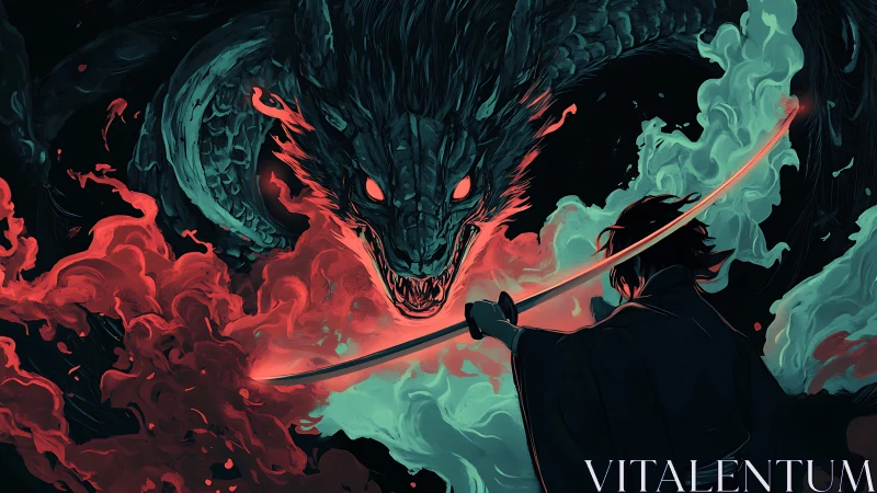 Sword-drawn sorcerer faces ember-eyed dragon in burning mist.