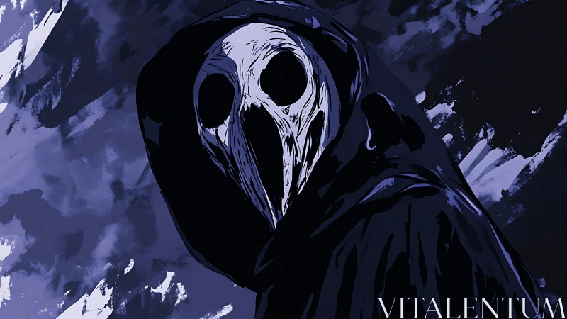 Hooded plague mask figure rendered in high-contrast digital shading