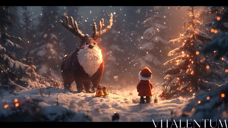 Cinematic winter forest with stylized reindeer and child encounter